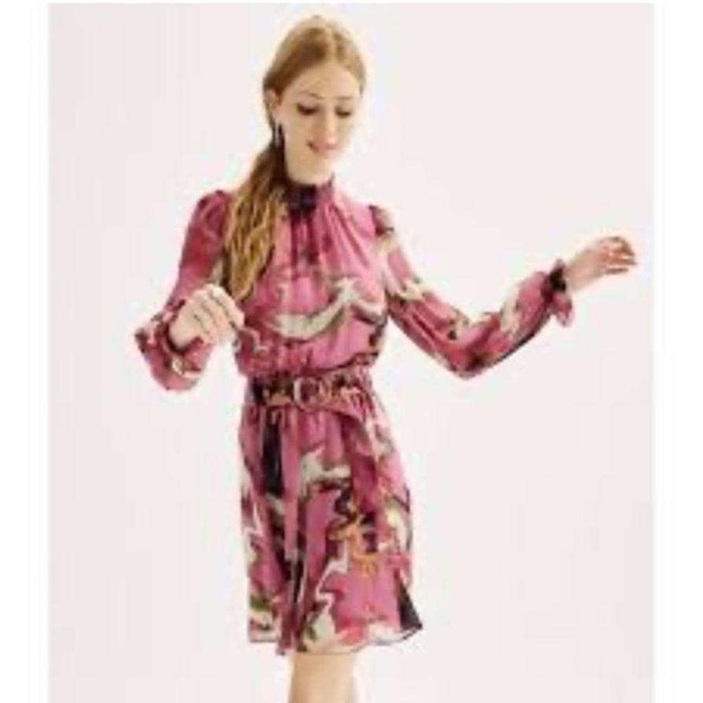 Nine West long sleeve shabby chic Pink and Orange smocked neck with belt dress